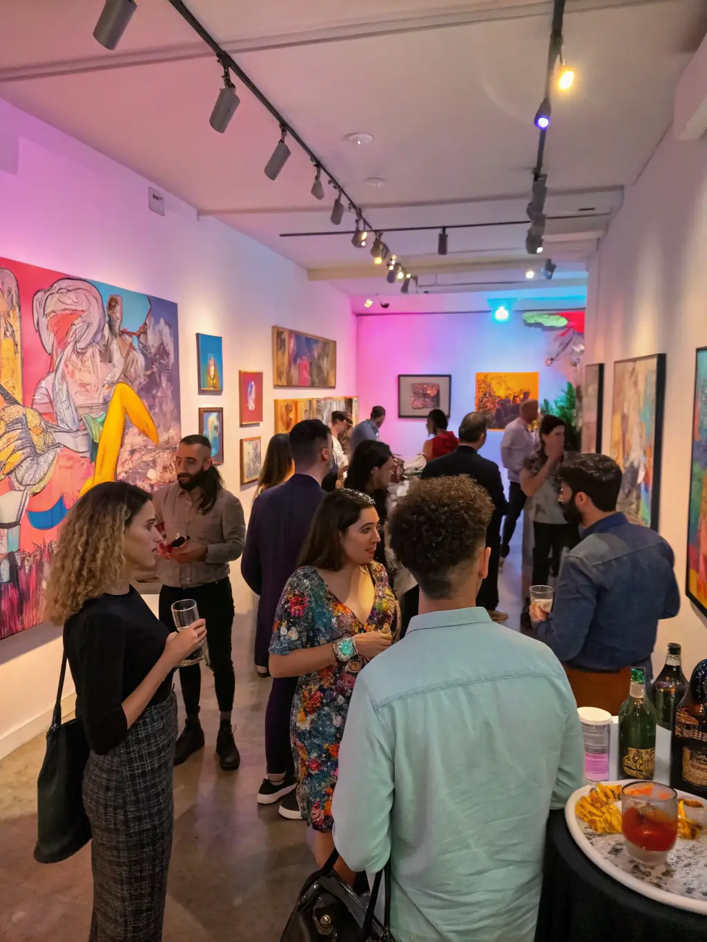 A photograph capturing the opening night of the annual art salon, showcasing a diverse collection of paintings and sculptures, with attendees admiring the artwork and engaging in conversations with the artists.