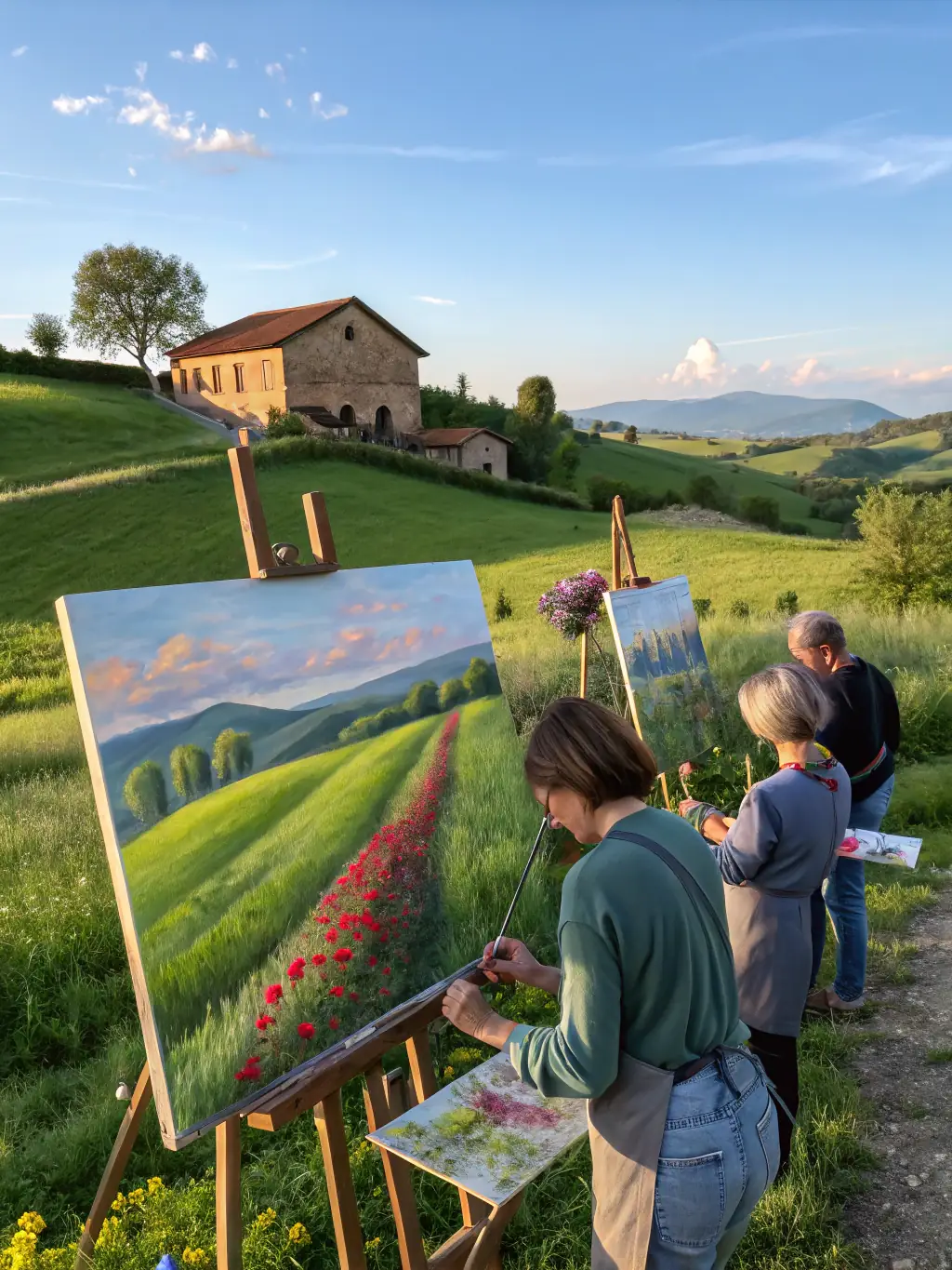A photograph of a plein air painting session, with artists capturing the beauty of the Jujurieux landscape on their canvases, surrounded by nature.