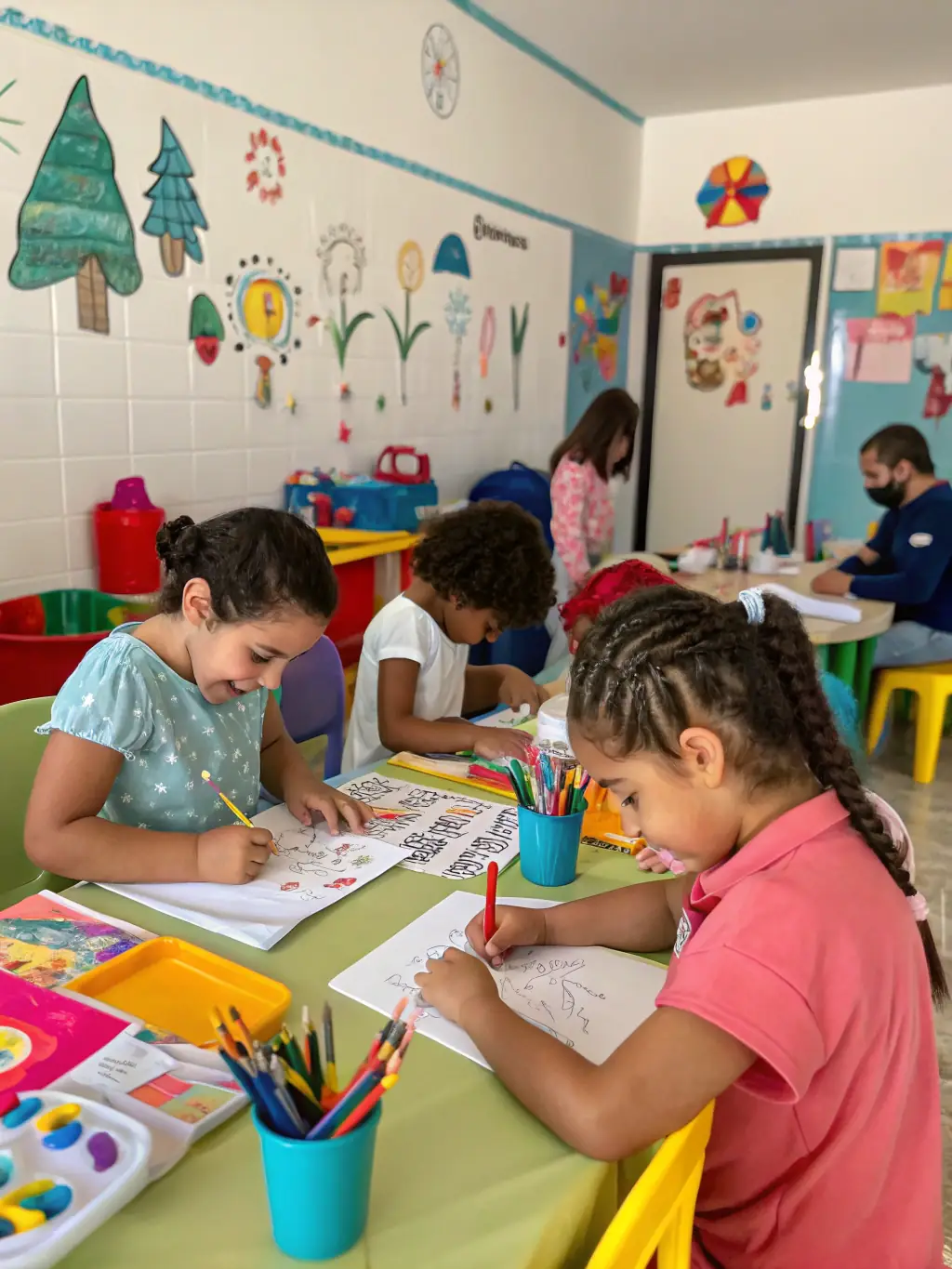 A group of children participating in an art workshop, learning different painting techniques from a professional artist, with colorful artworks displayed in the background.